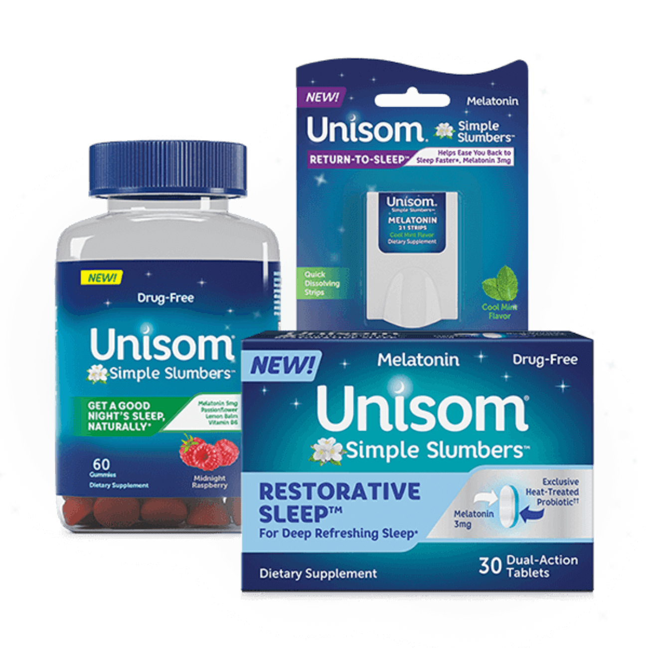 Fronts of Unisom® Simple Slumbers™ Golden Honey Lemon Flavored Gummies Bottle and Unisom® Simple Slumbers™ Midnight Raspberry Flavored Gummies Bottle