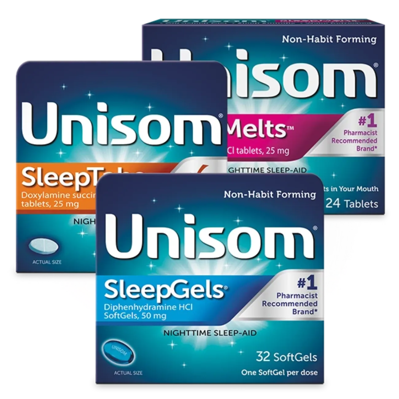 Variety of Unisom® OTC medicinal products for a better night's sleep.