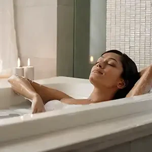 a woman sleeping in a bubble bath
