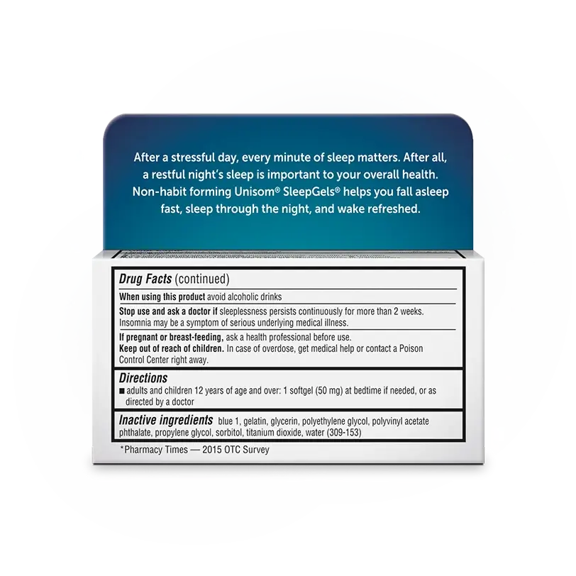 Back of Unisom® SleepGels® Pack and Bottle