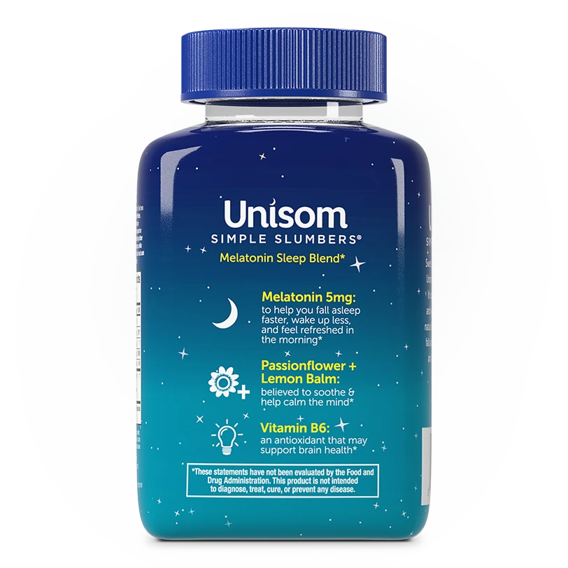 Back of Unisom Simple Slumbers® Midnight Raspberry Flavored Gummies Bottle