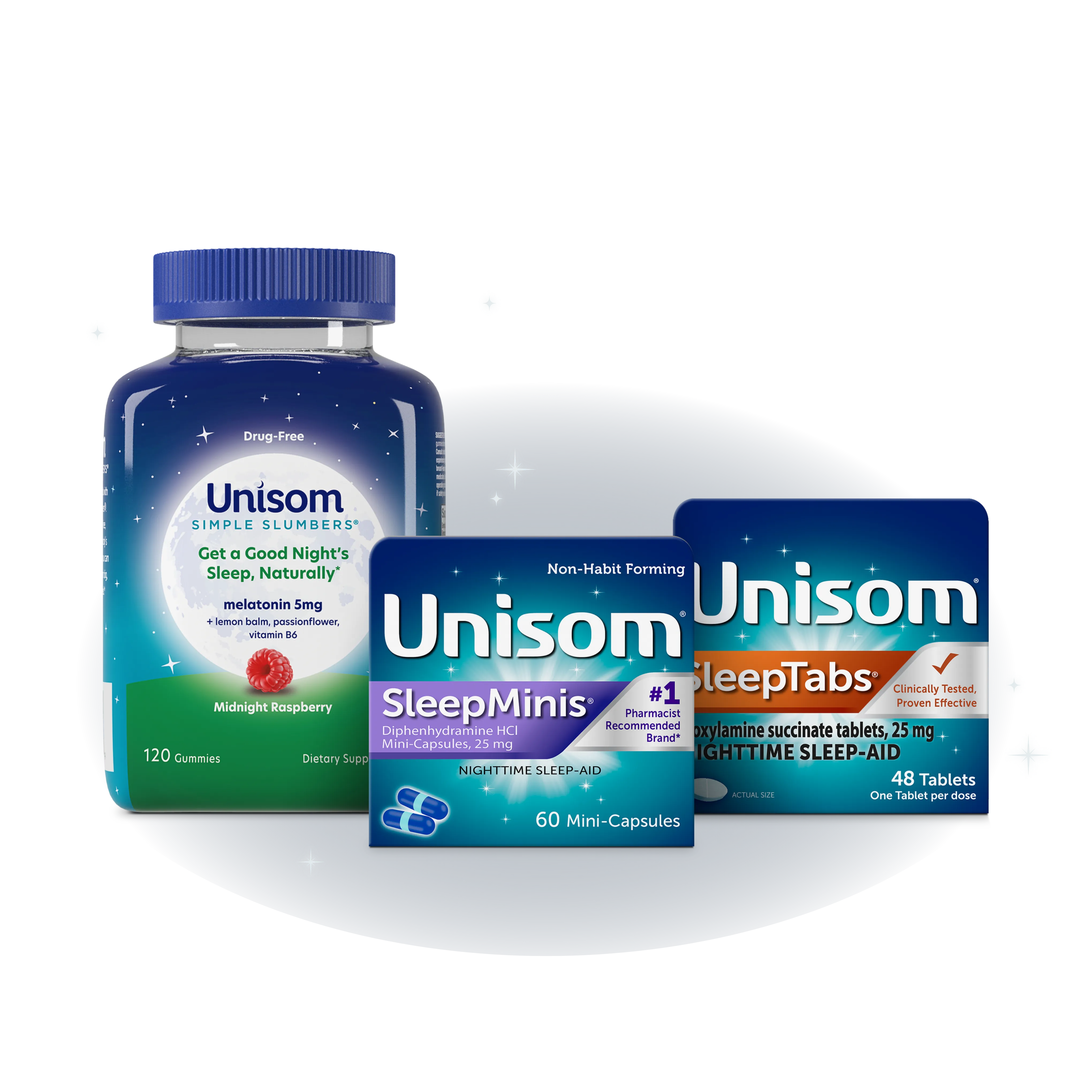 An image showing the front packshot of three different Unisom products: SleepTabs, SleepMinis and Simple Slumbers Melatonine Gummies.