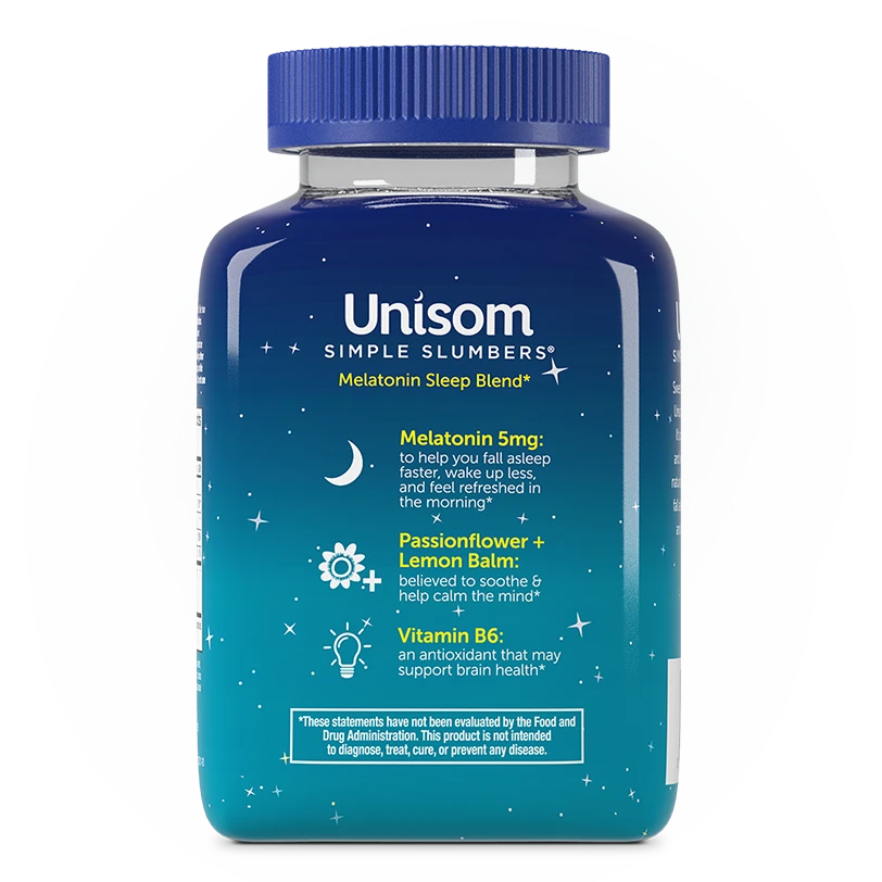 Back of Unisom Simple Slumbers® Midnight Raspberry Flavored Gummies Bottle