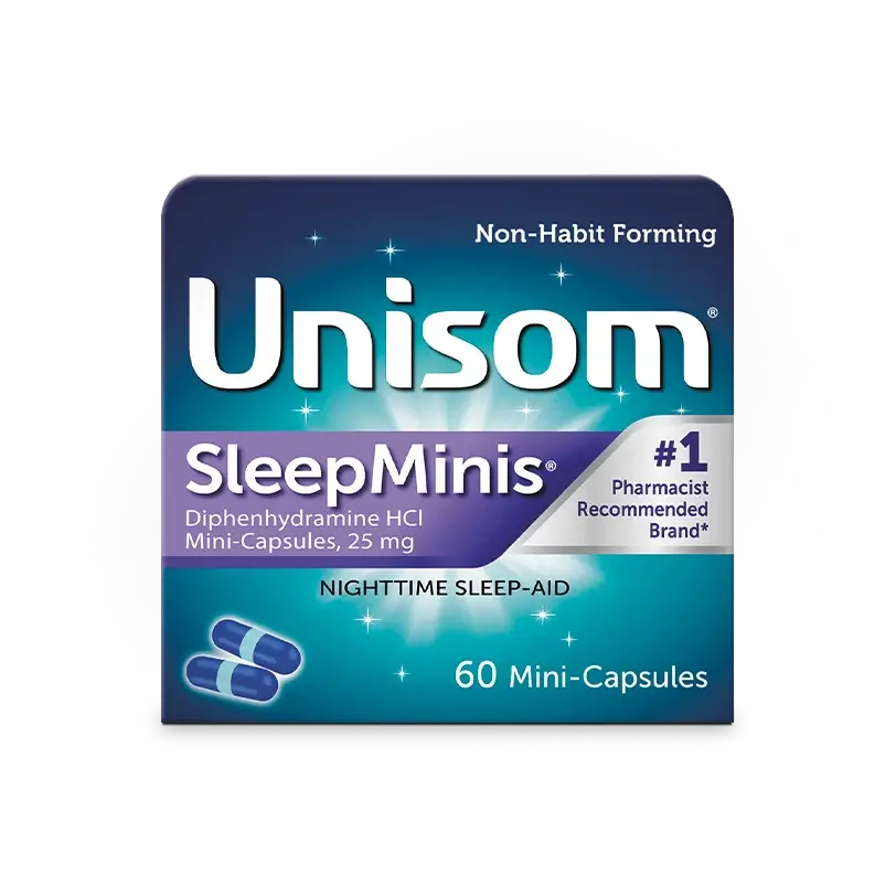 Front of Unisom® SleepMinis® Pack and Bottle