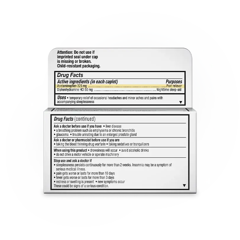 Back of Unisom® PM Pain Pack and Bottle