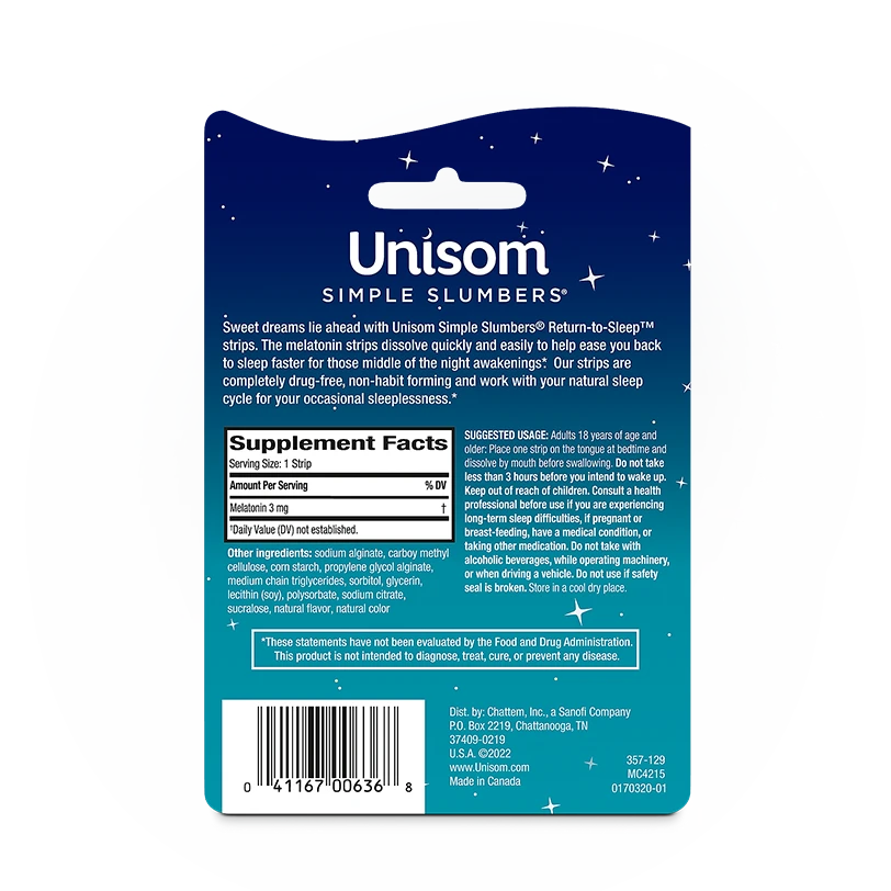 Back of Unisom® Simple Slumbers™ Return to Sleep™ packaging Mint