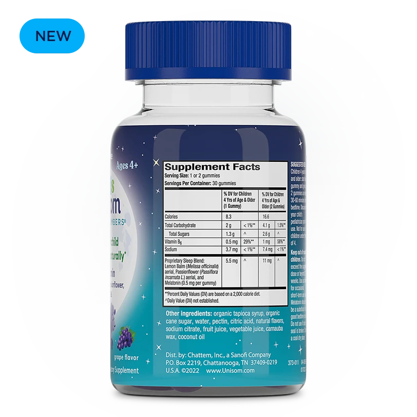 Left of Unisom Simple Slumbers® Kids Gummies Bottle